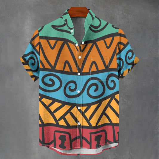 Vibrant Tribal-Pattern Cotton Button-Up Shirt | Lightweight Summer Design by Coa Art