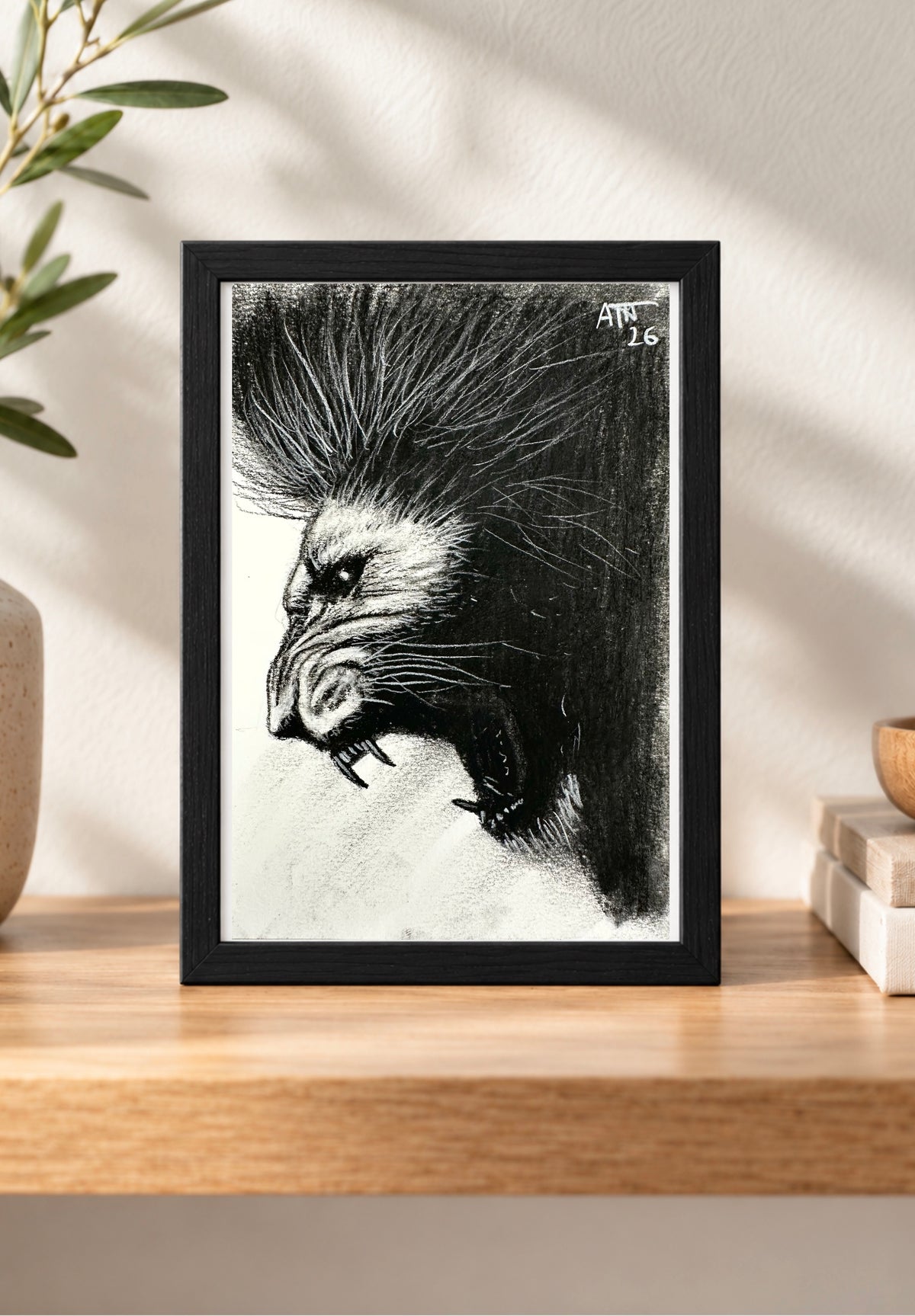 Roaring Lion – Original Charcoal Drawing 4 × 6