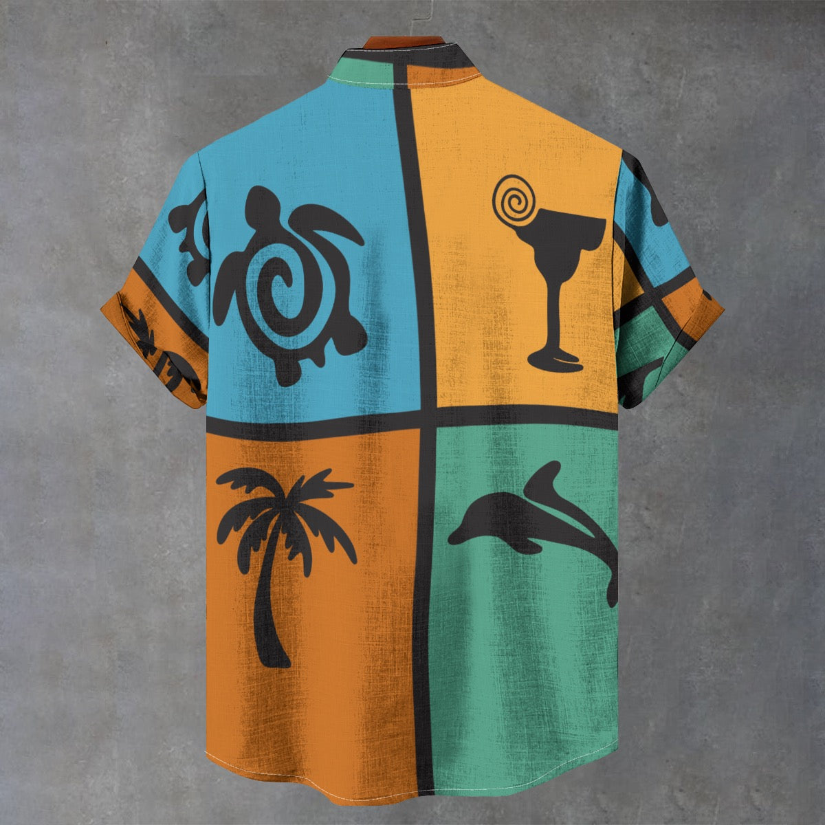Tropical Coastal Button-Up Shirt – Colorful Beach Shirt with Turtle, Palm Tree & Cocktail Art
