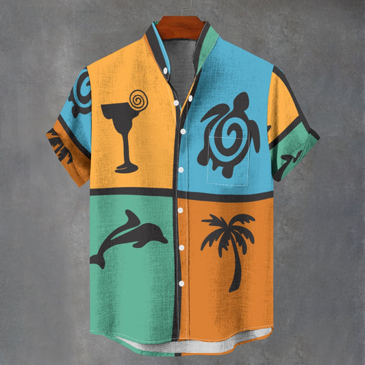 Tropical Coastal Button-Up Shirt – Colorful Beach Shirt with Turtle, Palm Tree & Cocktail Art