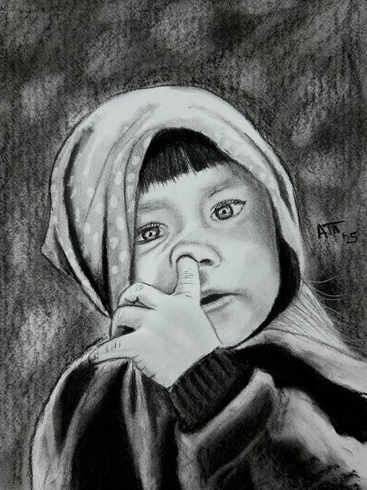 Little Mischief – Original Charcoal Drawing 9 × 12
