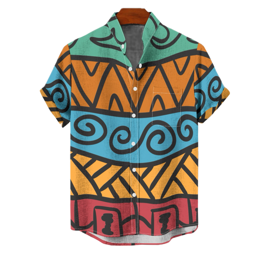 Vibrant Tribal-Pattern Cotton Button-Up Shirt | Lightweight Summer Design by Coa Art
