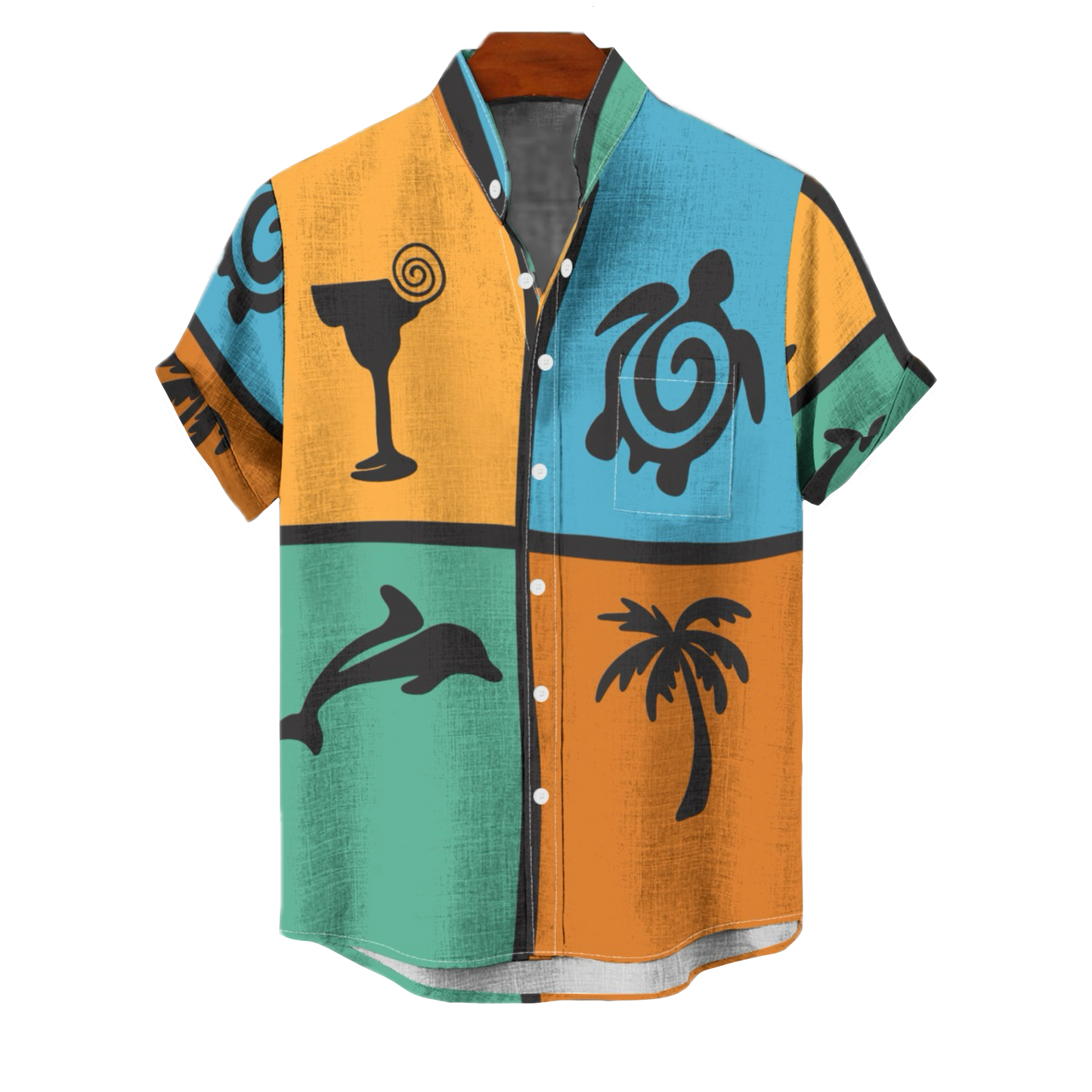 Tropical Coastal Button-Up Shirt – Colorful Beach Shirt with Turtle, Palm Tree & Cocktail Art