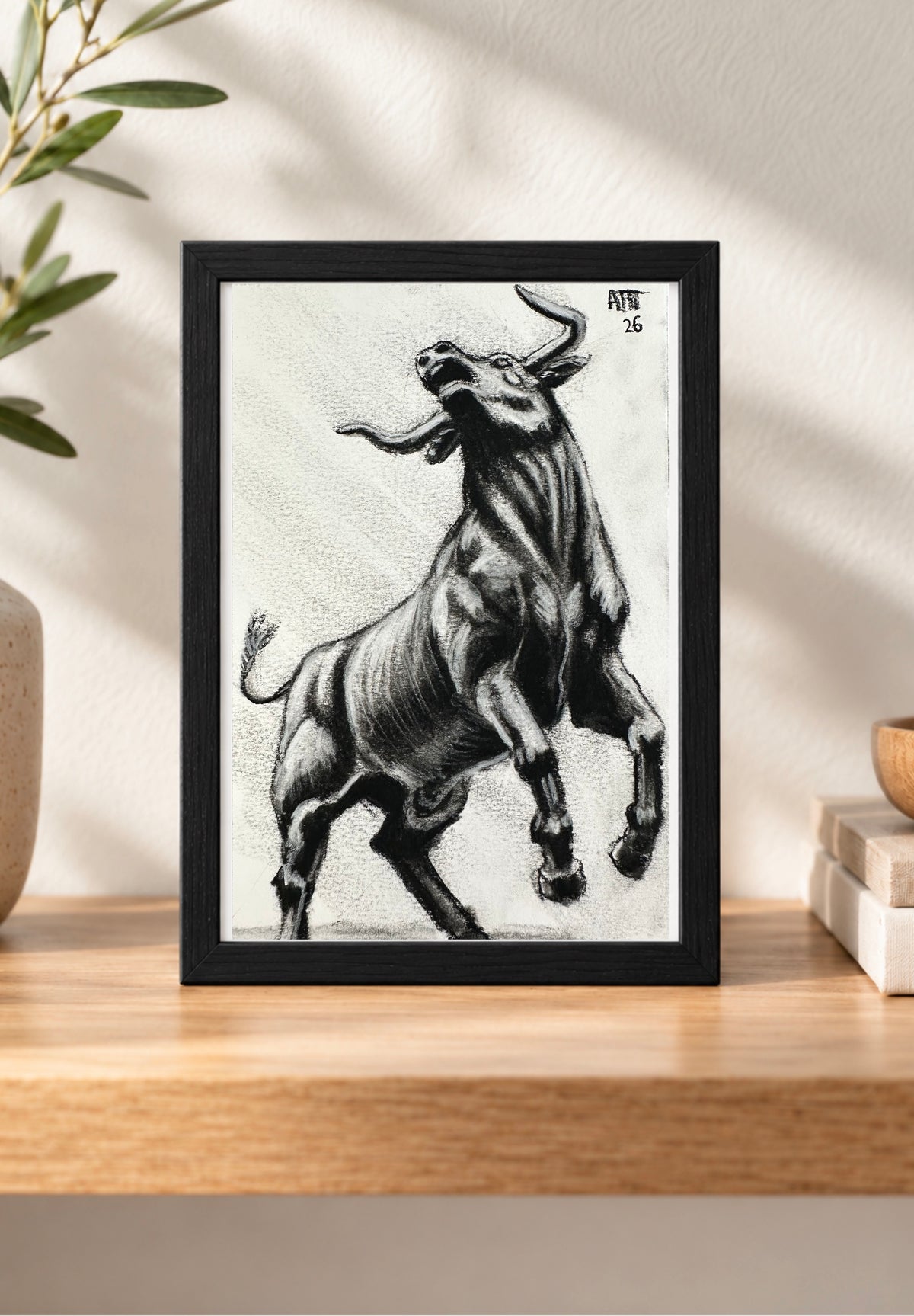 Untamed Bull – Original Charcoal Drawing 4 × 6